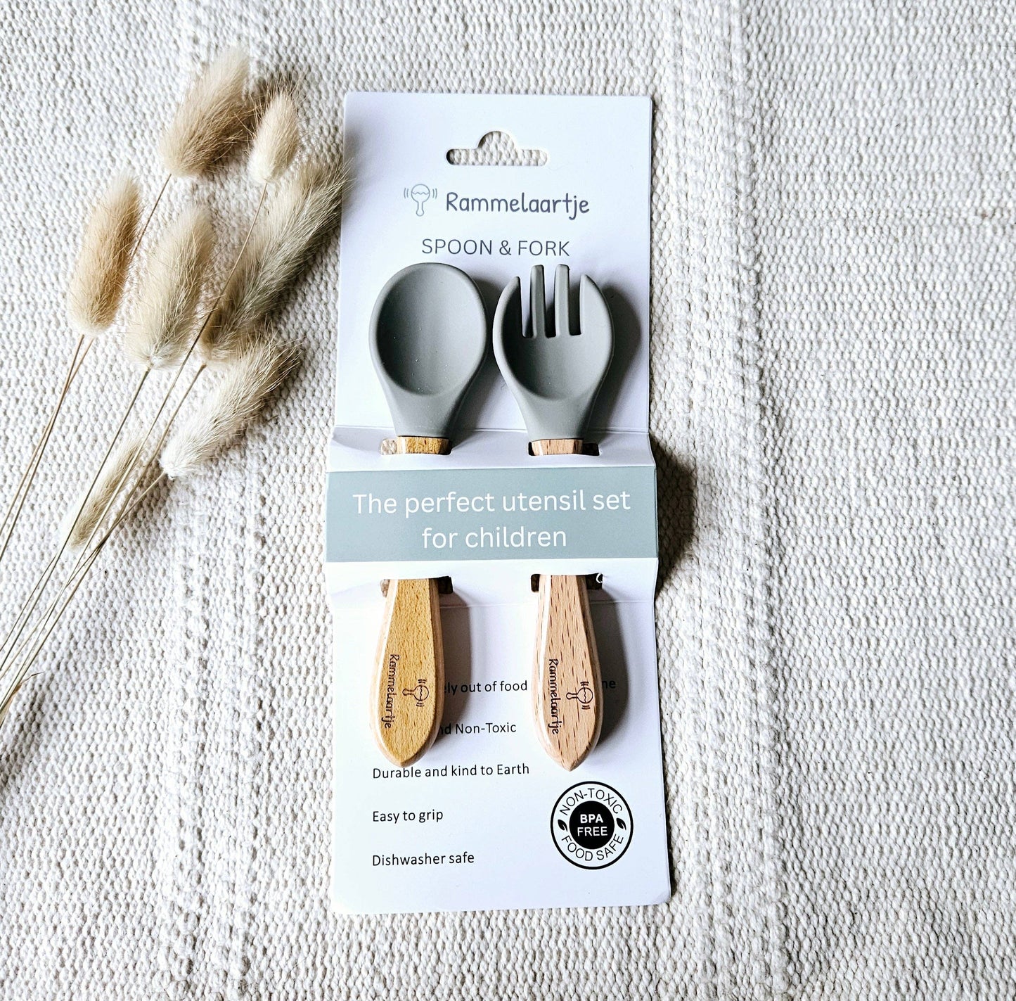 Rammelaartje - Cuillère et fourchette en silicone avec manche en bambou - Sage
