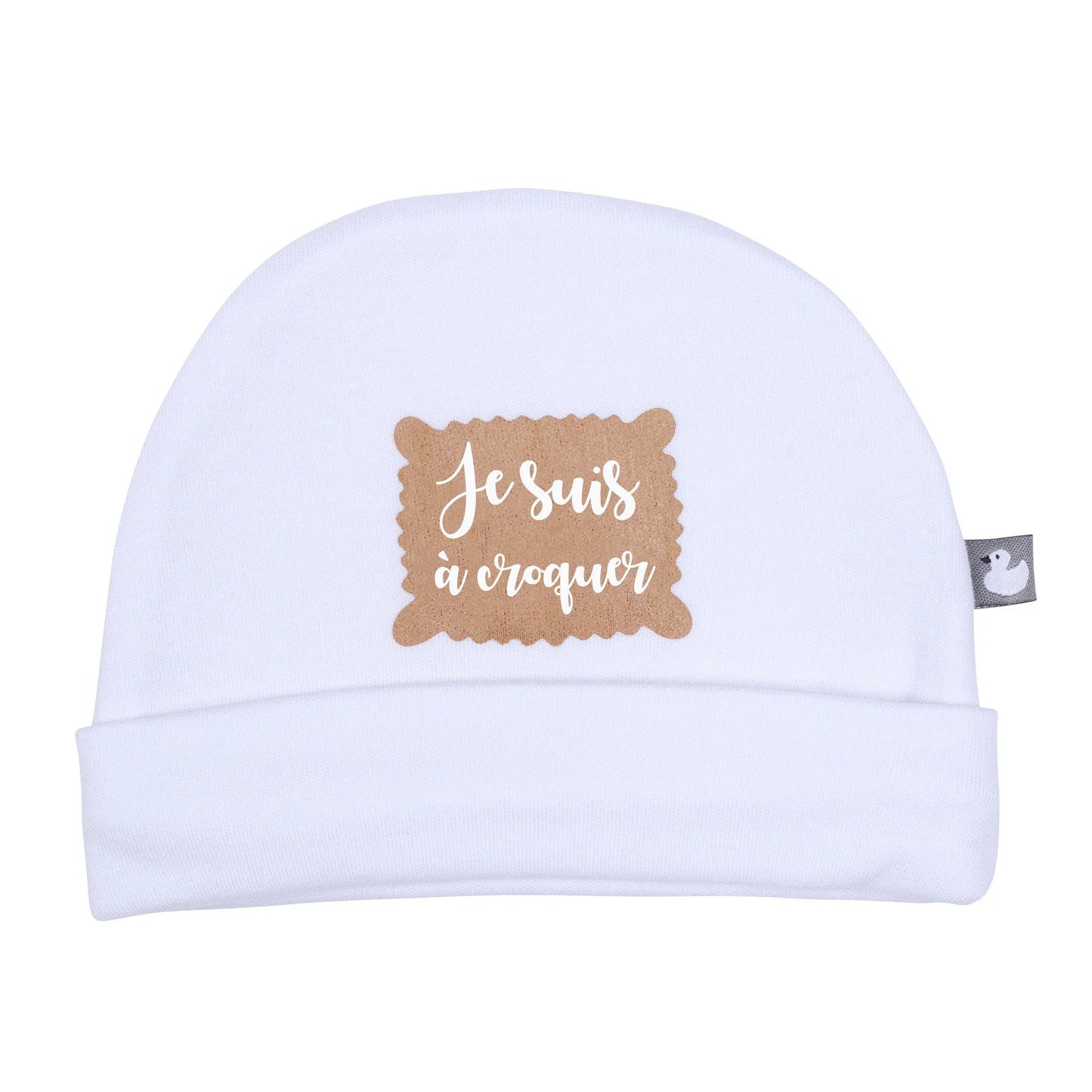 Bonnet naissance pur coton “Je suis à croquer” blanc