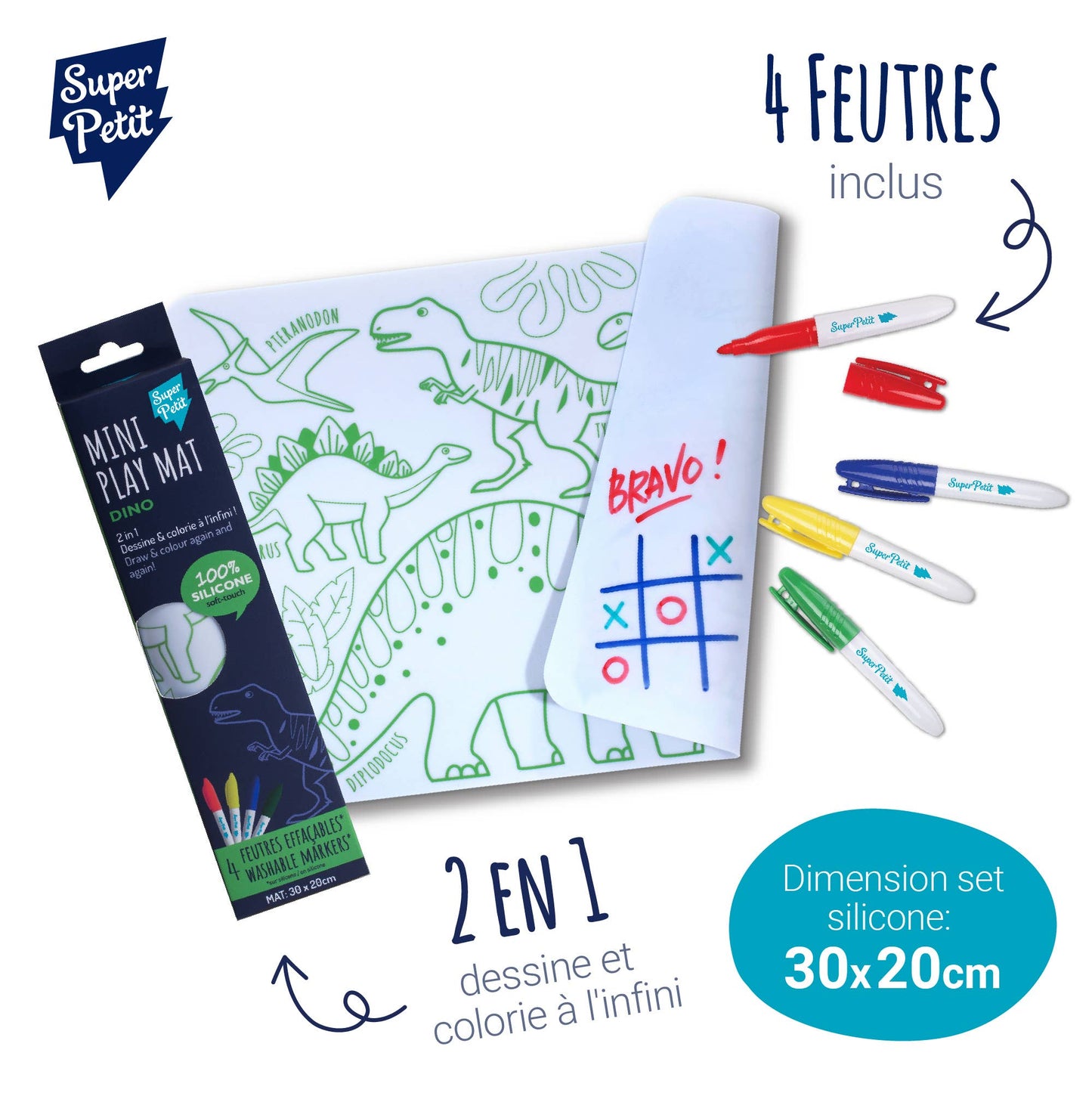 SuperPetit - Coloriage nomade : Mini Playmat DINO - 4 feutres inclus