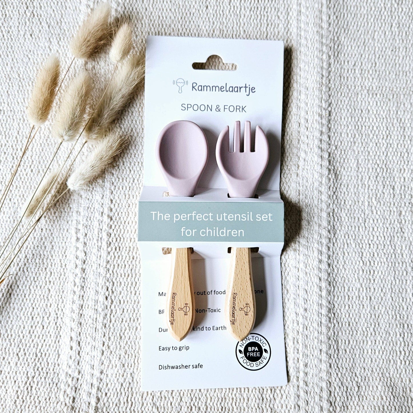 Rammelaartje - Cuillère et fourchette en silicone avec manche en bambou - Rose tendre