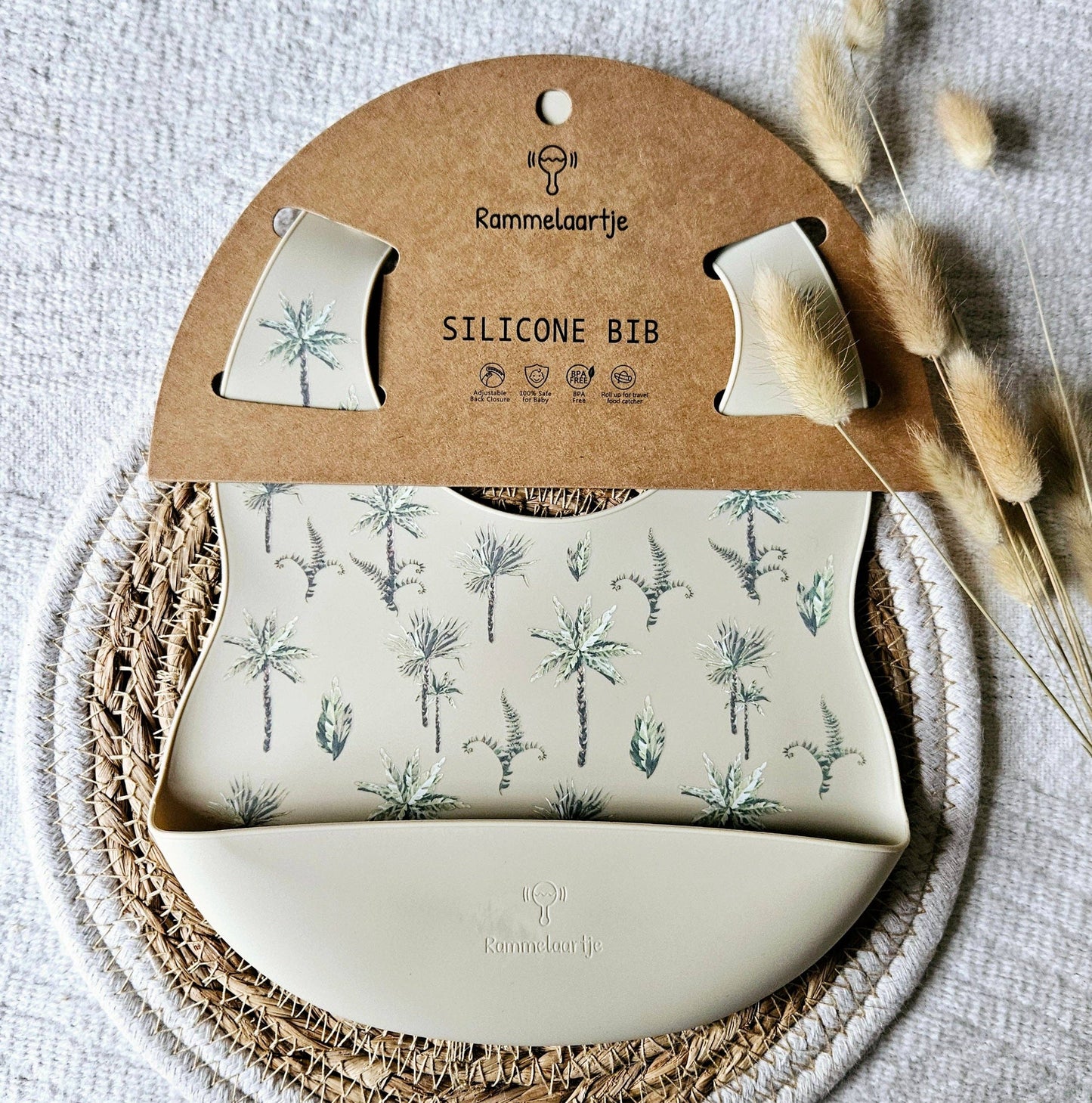Rammelaartje - Bavoir en silicone avec plateau beige - Jungle Plant Print