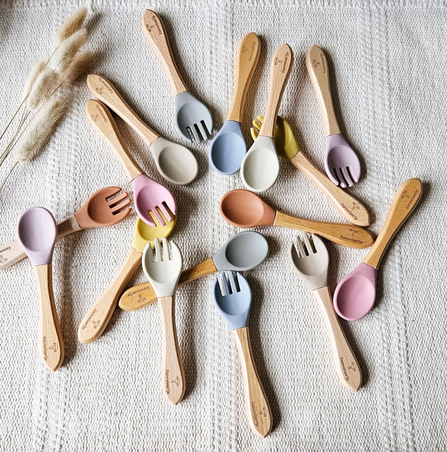Rammelaartje - Cuillère et fourchette en silicone avec manche en bambou - Sage
