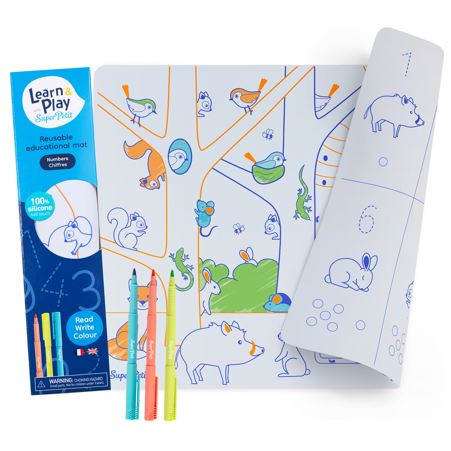 SuperPetit - Set en silicone pédagogique LES CHIFFRES 3 feutres inclus
