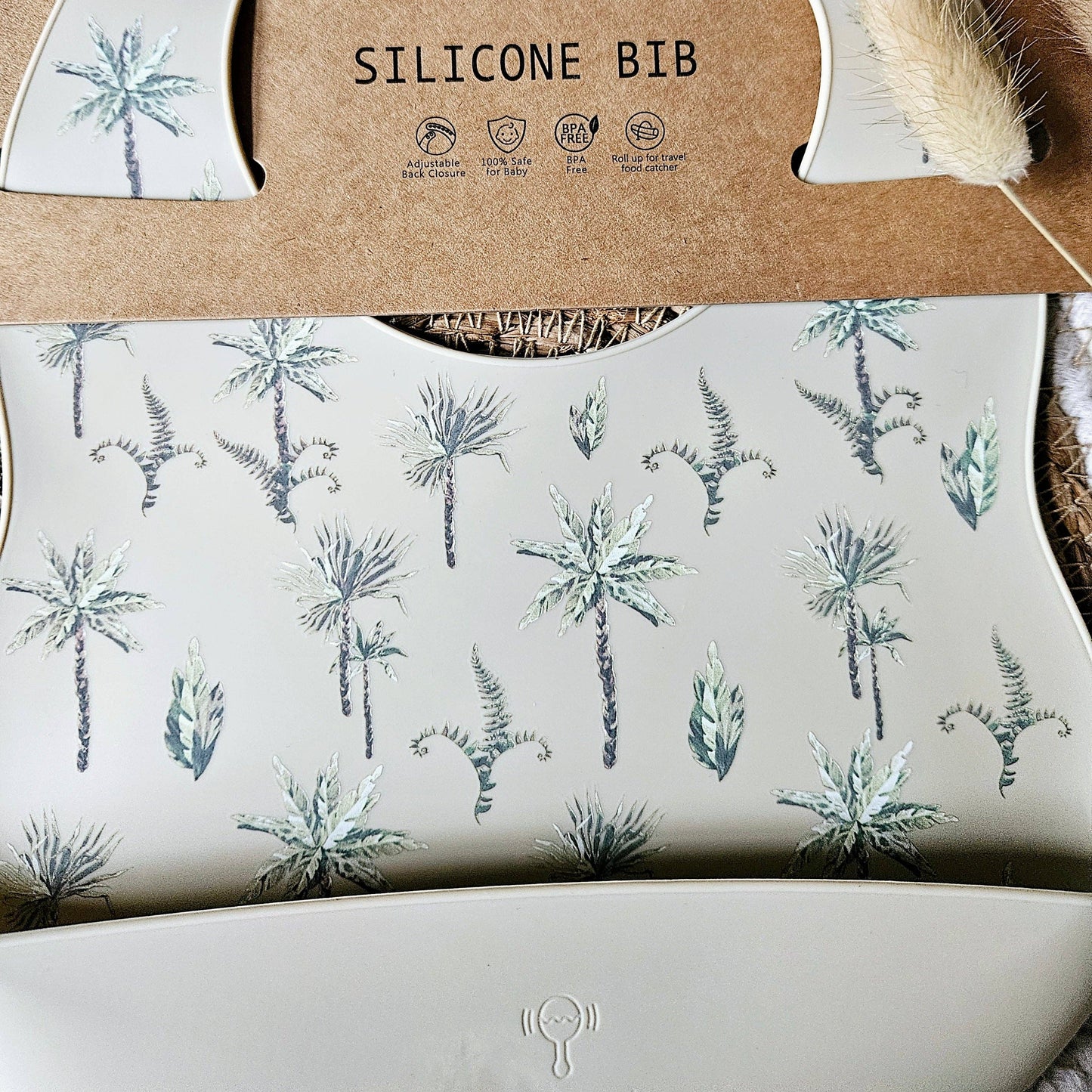 Rammelaartje - Bavoir en silicone avec plateau beige - Jungle Plant Print