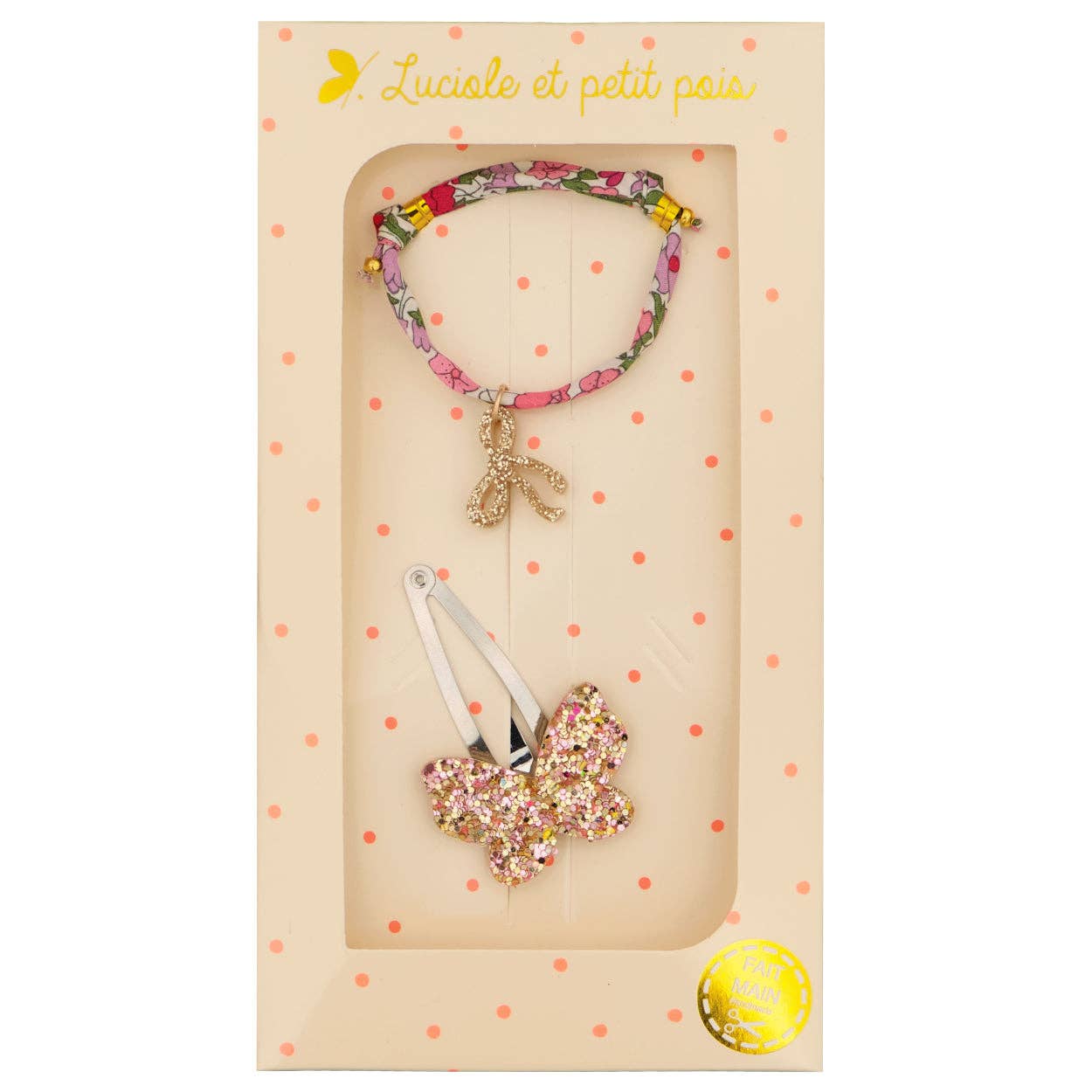 Luciole et Petit Pois - Coffret cadeau - Barrette papillon rose & bracelet Liberty Crimson pink (nœud doré)
