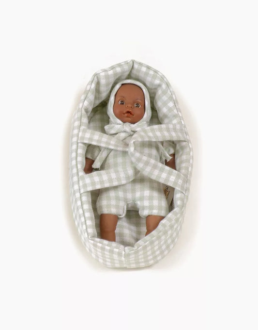Minis – Pio aux yeux foncés et son couffin Vichy vert de gris