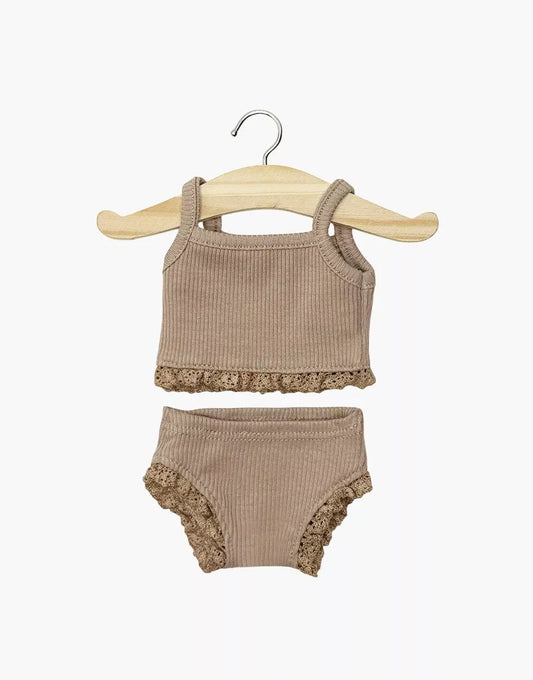 Dessous fille en maille côtelée moka et sa dentelle
