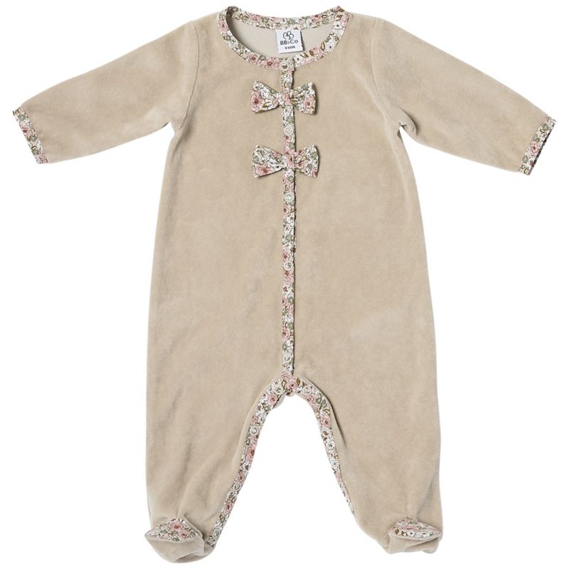 Pyjama hiver en velours beige et nœuds liberty