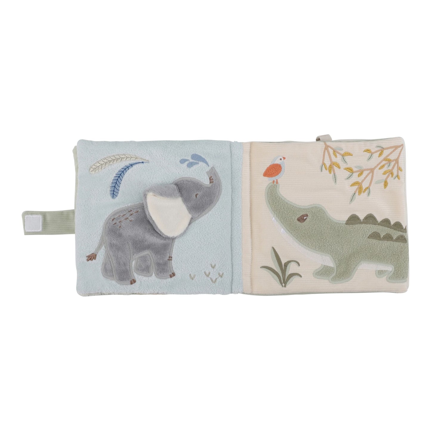 Livre tissu d'activités Safari Friends, détail des textures et étiquettes
