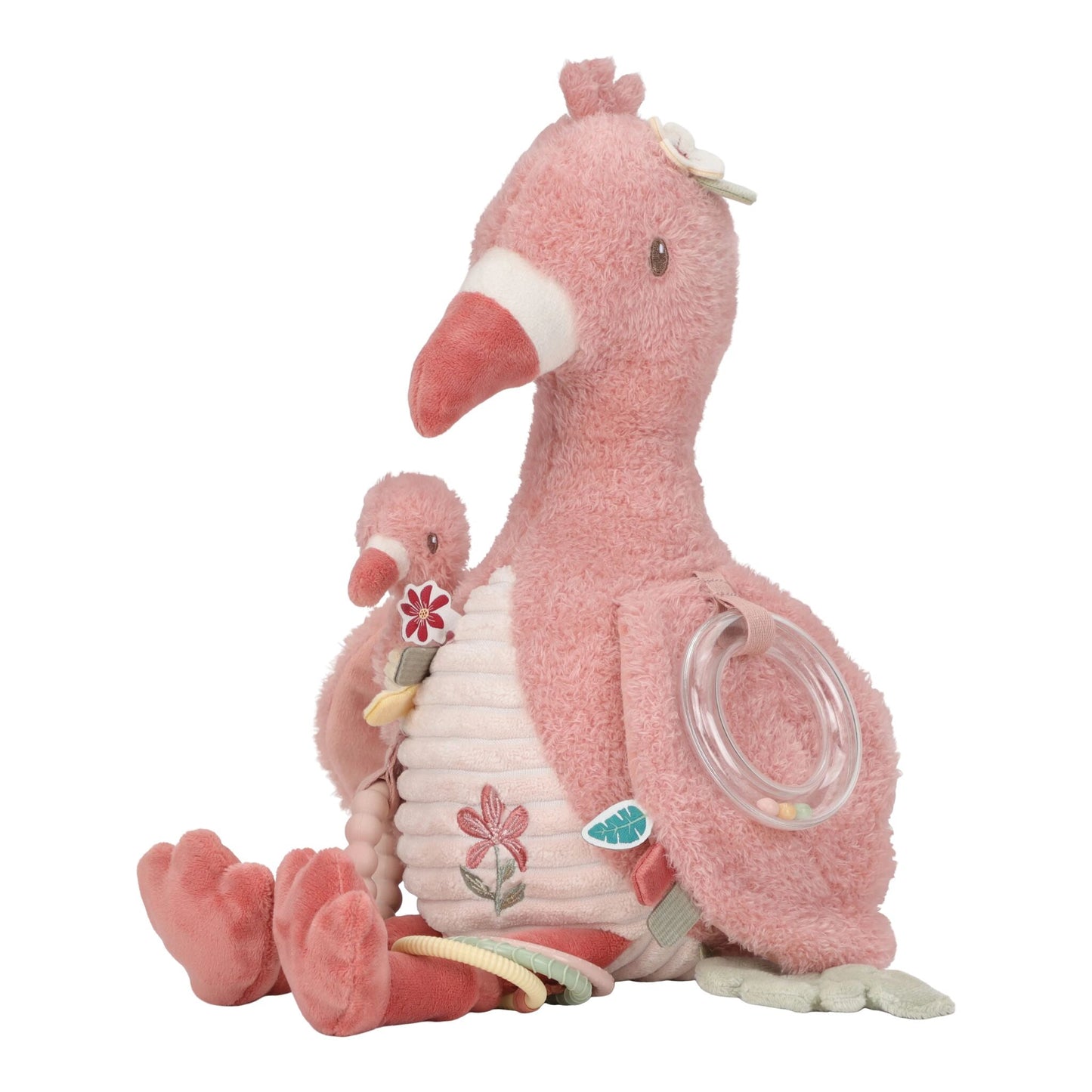 Peluche d'activités Flamant rose Little Dutch, détail des activités