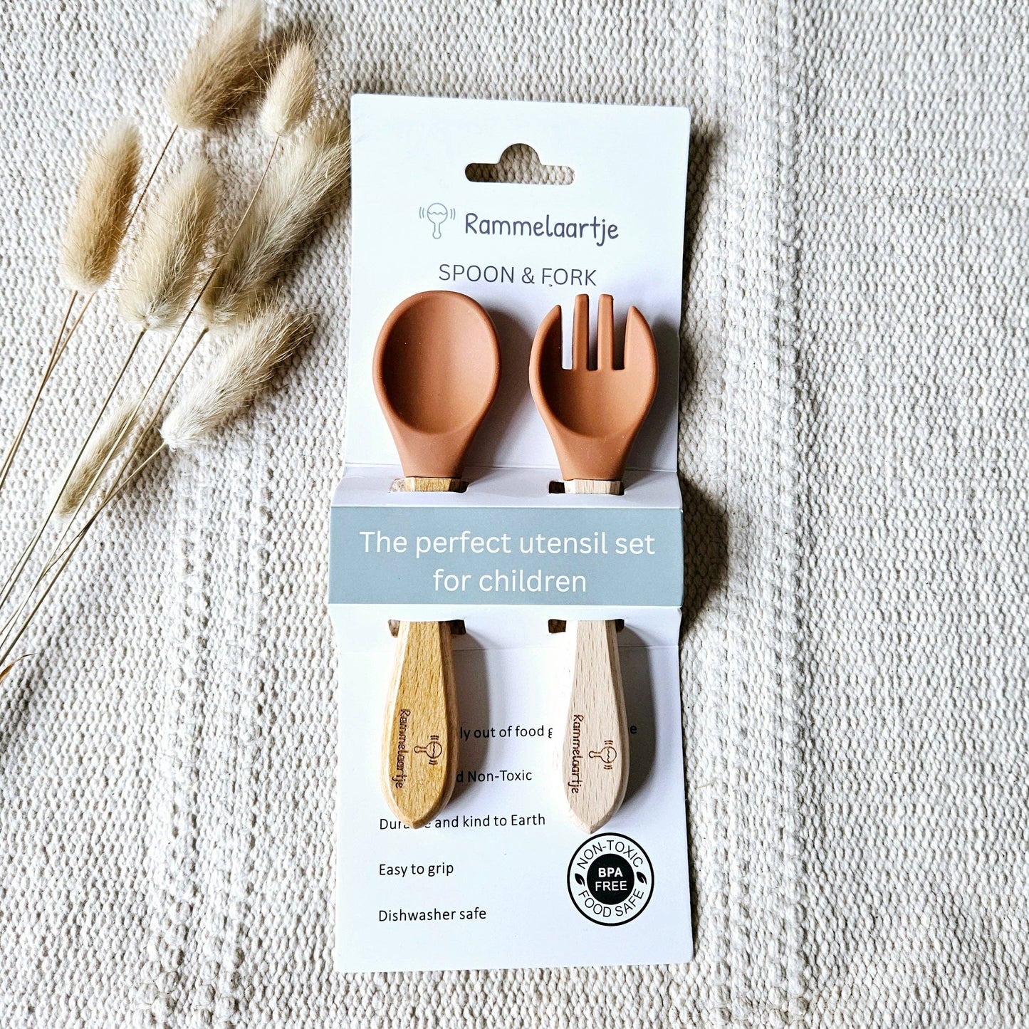 Rammelaartje - Cuillère et fourchette en silicone avec manche en bambou - Rouille