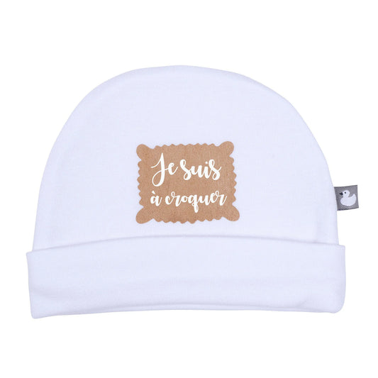 Bonnet naissance pur coton “Je suis à croquer” blanc