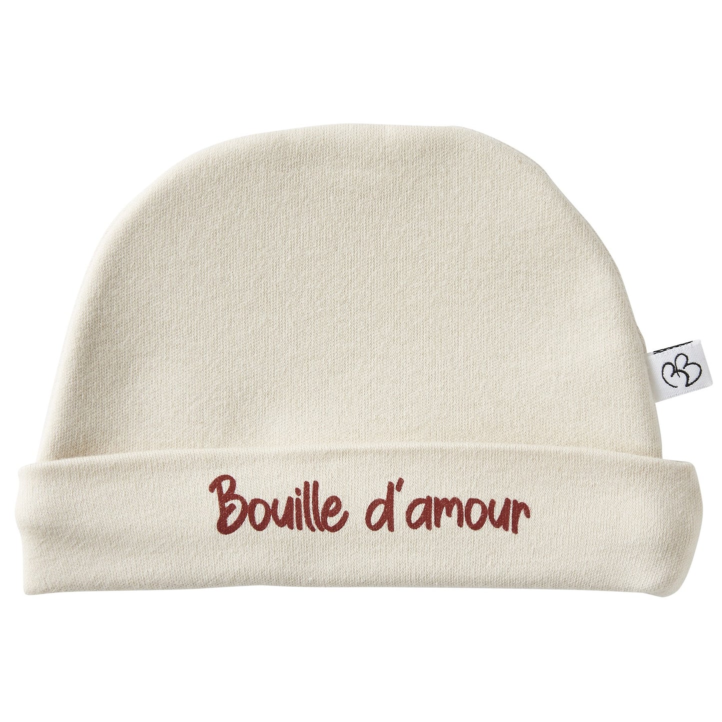 Bonnet naissance pur coton “Bouille d’amour” sable