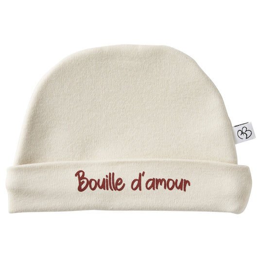 Bonnet naissance pur coton “Bouille d’amour” sable
