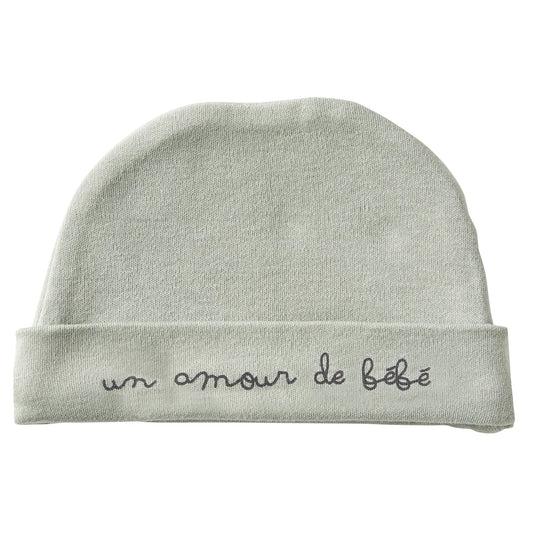 Bonnet naissance pur coton “Un amour de bébé” vert de gris