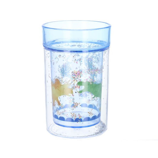 Verre à paillettes bleu dinosaures Pause goûter