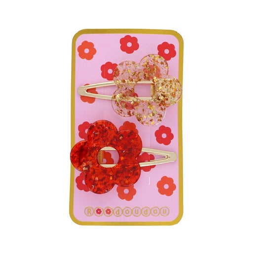Lot de 2 barrettes fleurs à paillettes rouge et doré Roodoudou