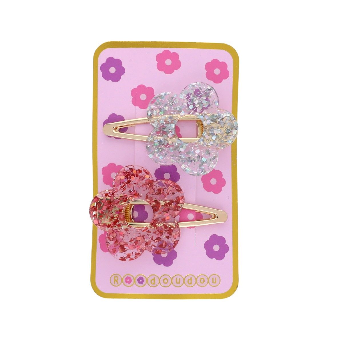 Lot de 2 barrettes fleurs à paillettes rose et argent Roodoudou