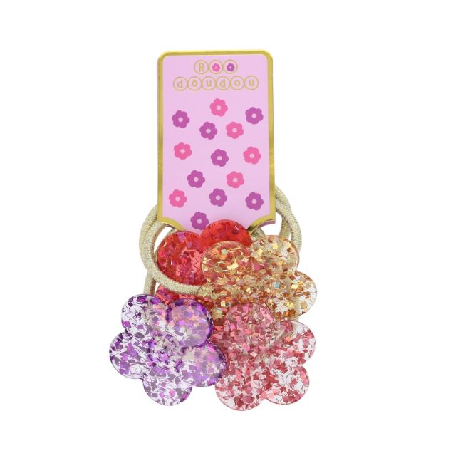 Lot de 4 élastiques cheveux dorés et fleurs pailletées Roodoudou