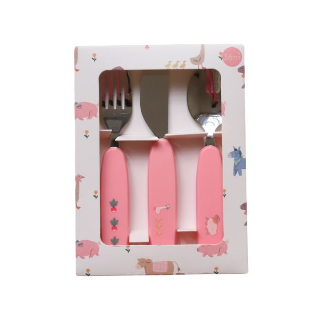 Set de 3 couverts bébé rose - Dans la ferme - Pause goûter