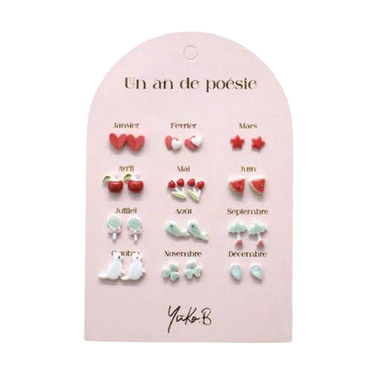Kontiki - 12 Paires de Boucles d'oreilles "Un an de poésie" - Yuko B.: Rouge & Eau