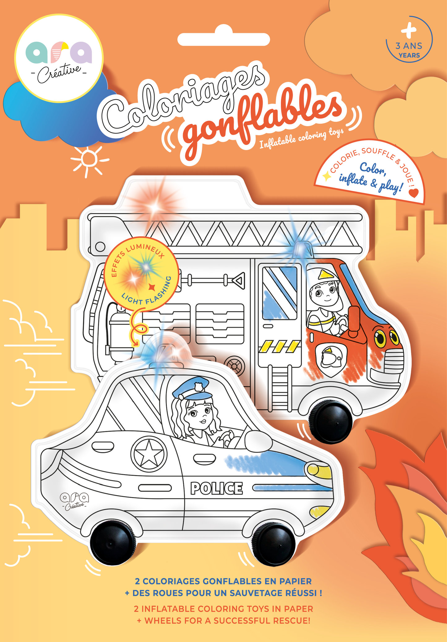 ARA-CREATIVE - 2 coloriages gonflables lumineux – Pompier & Police 