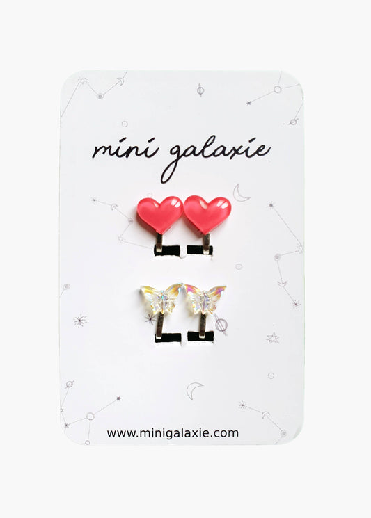 Boucles d'oreilles clips pour enfant cœurs roses et papillon