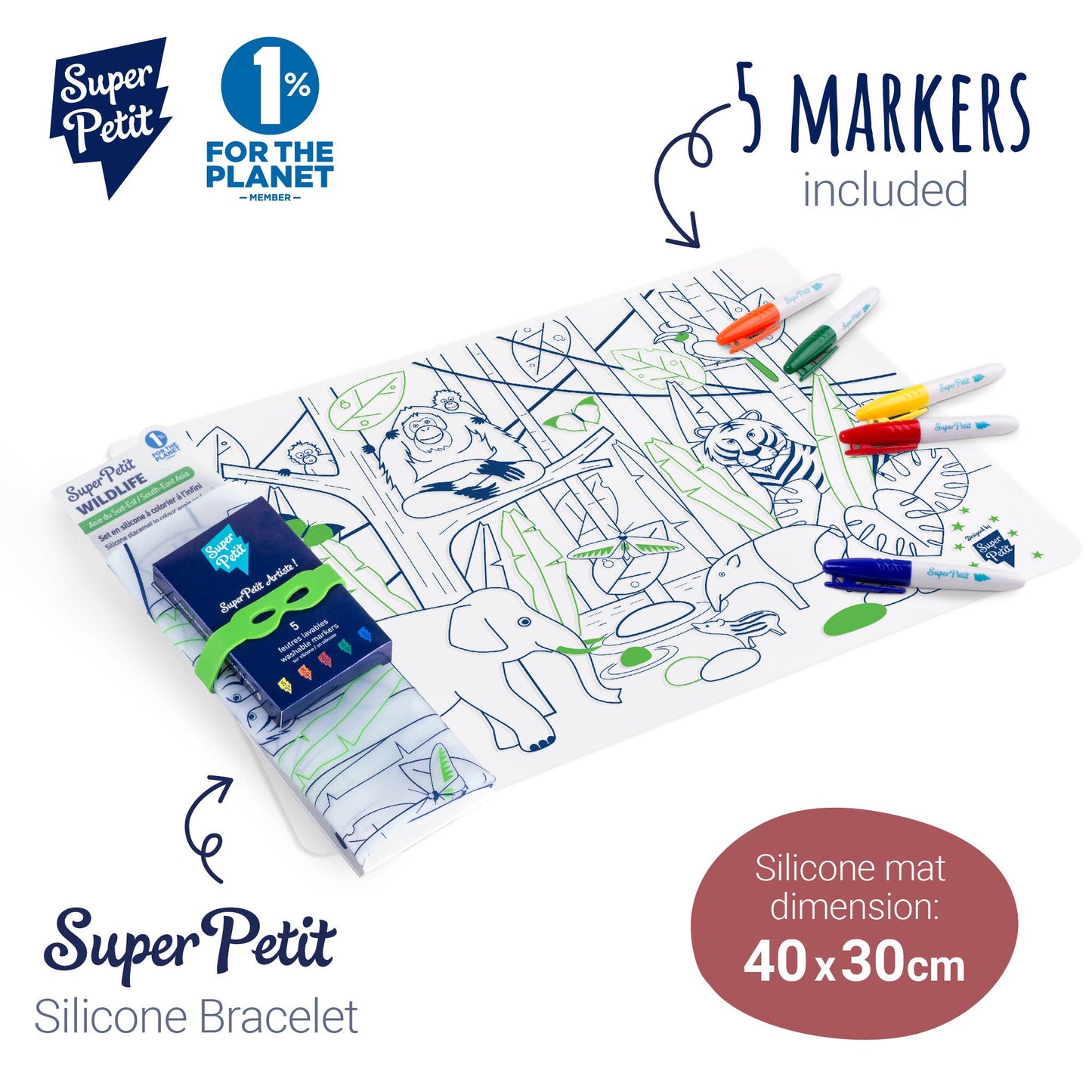 SuperPetit - Coloriage éducatif-Set en silicone JUNGLE 5 feutres inclus