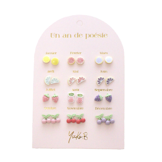 Kontiki - 12 Paires de Boucles d'oreilles "Un an de poésie" - Yuko B.: Fruits