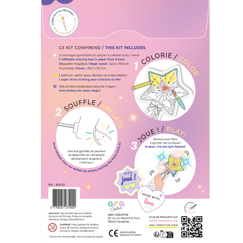 ARA-CREATIVE - 2 coloriages gonflables - 1 Baguette magique led & 1Couronne
