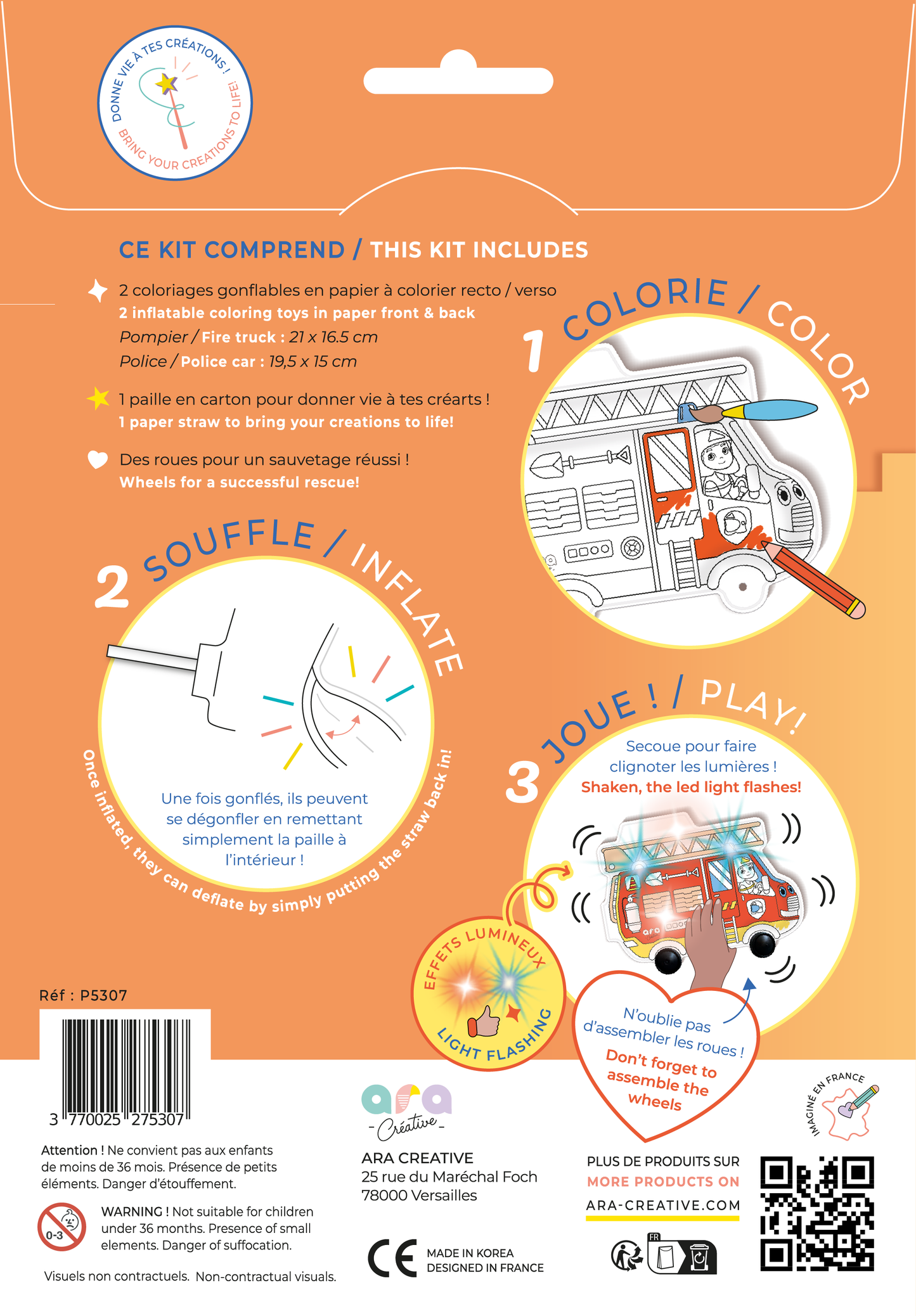 ARA-CREATIVE - 2 coloriages gonflables lumineux – Pompier & Police 
