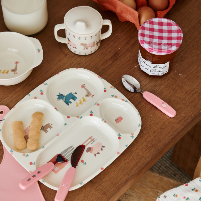 Set de 3 couverts bébé rose - Dans la ferme - Pause goûter