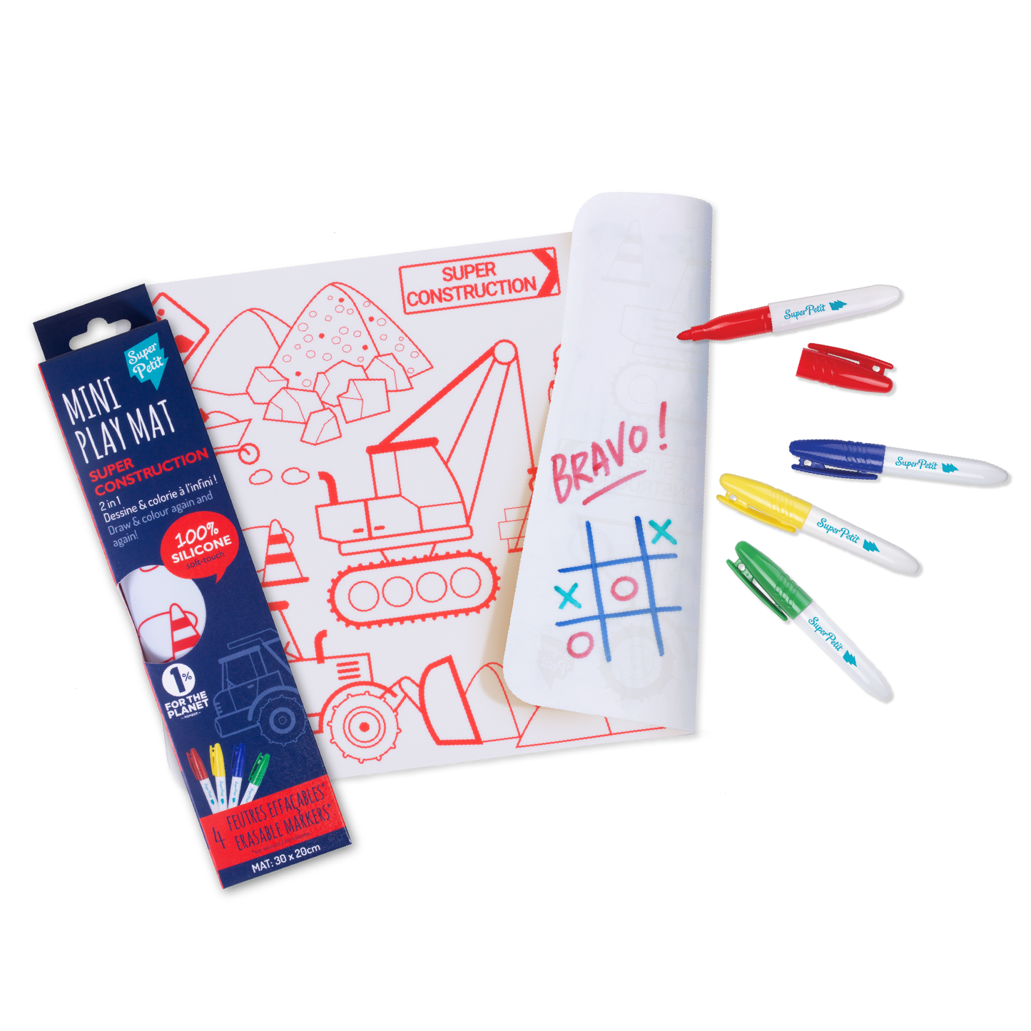 SuperPetit - Coloriage nomade: Mini Playmat CONSTRUCTION-4 feutres inclus