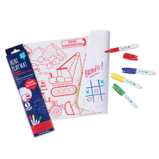 SuperPetit - Coloriage nomade: Mini Playmat CONSTRUCTION-4 feutres inclus