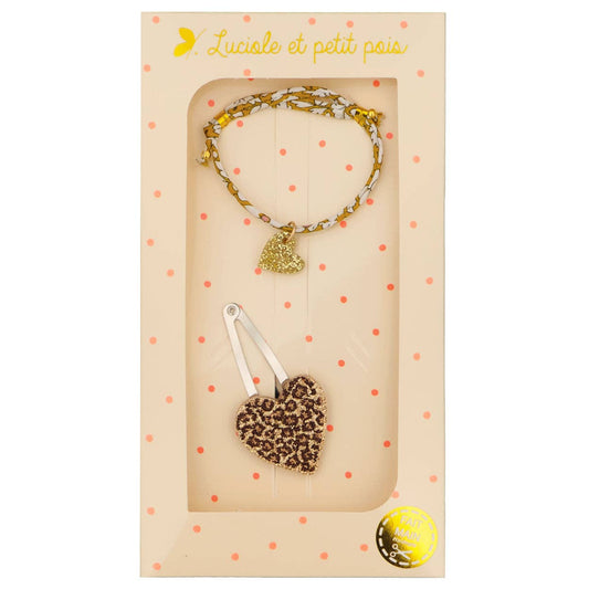 Luciole et Petit Pois - Coffret cadeau - Barrette cœur léo & bracelet Liberty Feather medow (cœur or jaune)