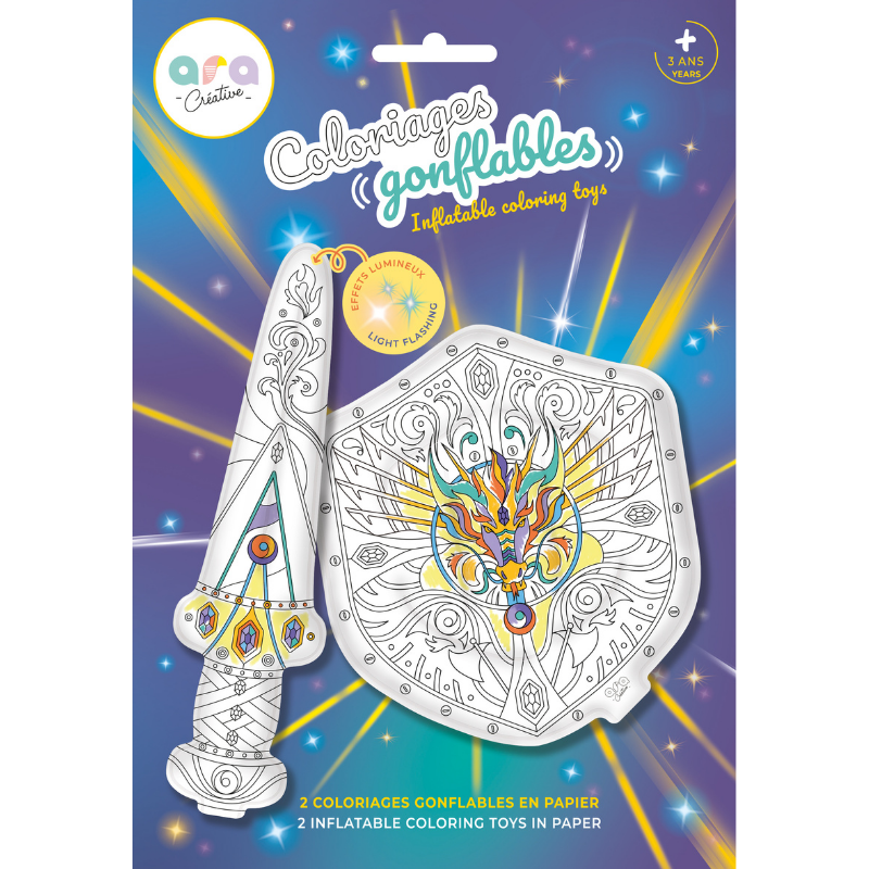 ARA-CREATIVE - Coloriages Gonflables – Kit Épée & Bouclier Lumineux à colorier