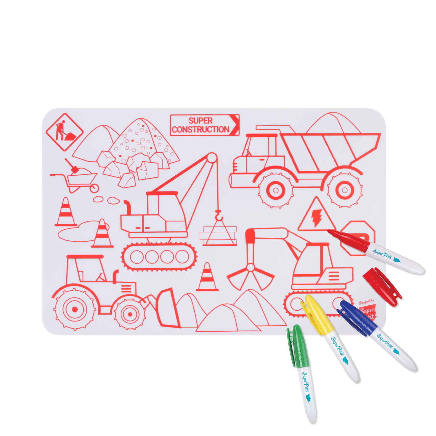 SuperPetit - Coloriage nomade: Mini Playmat CONSTRUCTION-4 feutres inclus
