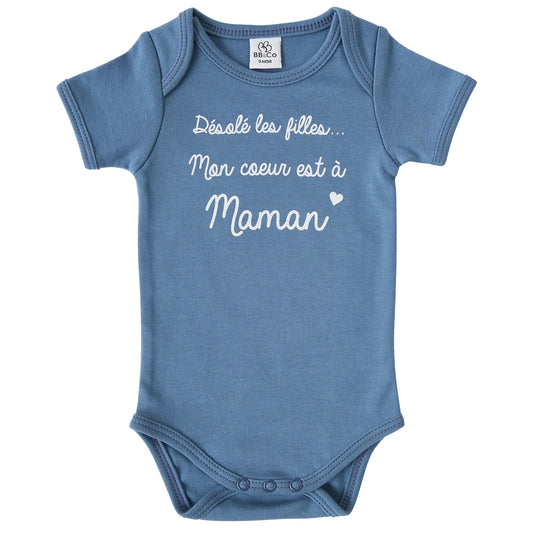 Body manches courtes “Mon coeur est à maman” pierre bleue