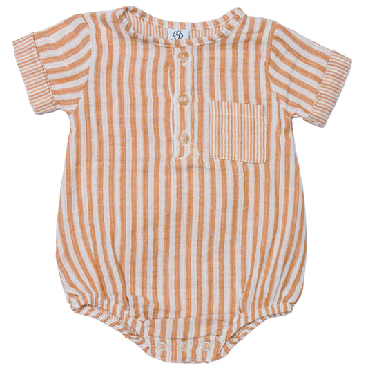 Barboteuse garçon manches courtes - Gaze de coton Rayé Caramel