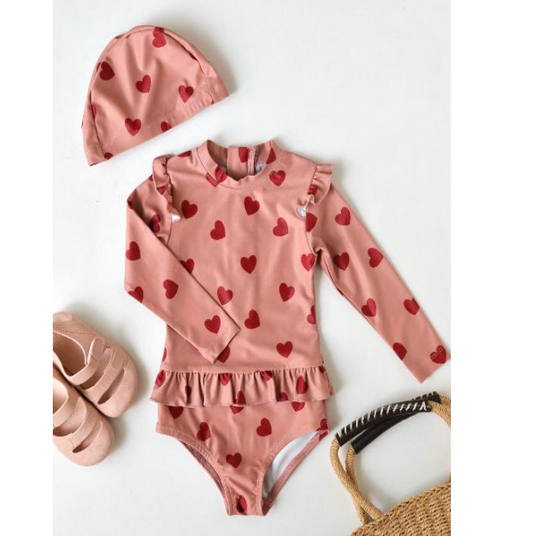 Maillot de bain fille -  Rose et coeur rouge 1 pièce
