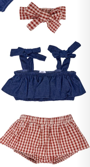 Ensemble fille top à bretelles bleu + bas et bandeau pêche/cognac