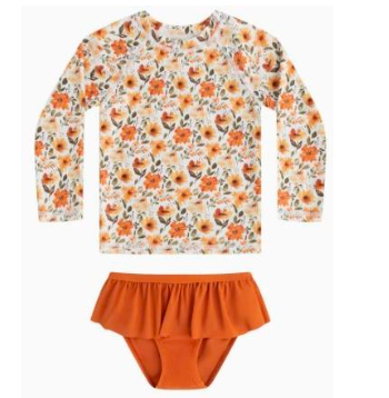 Maillot de bain fille -  Orange fleurs 2 pièces