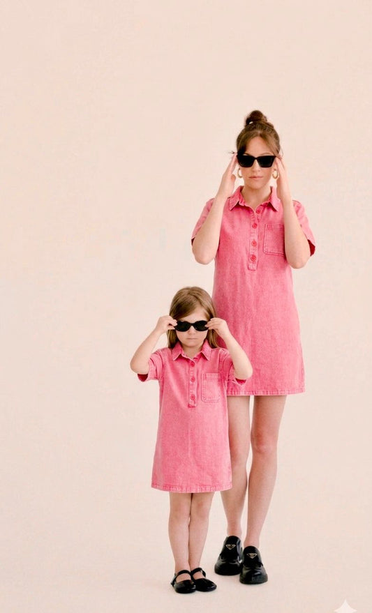 Robe en jean avec broderie cœur doré - Rose