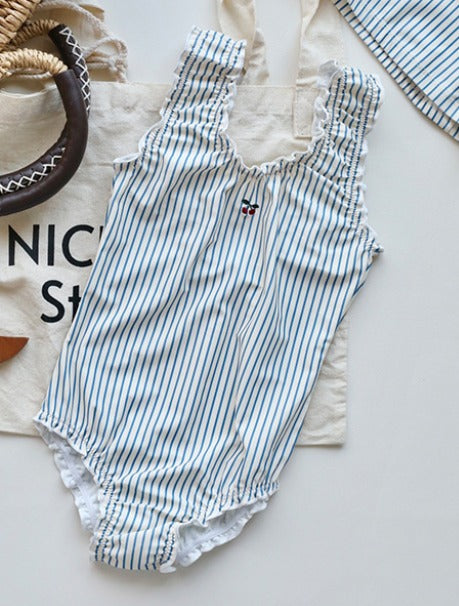 Maillot de bain fille -  Rayé bleu ciel cerise 1 pièce