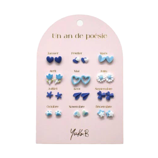 Kontiki - 12 Paires de Boucles d'oreilles "Un an de poésie" - Yuko B.: Bleu