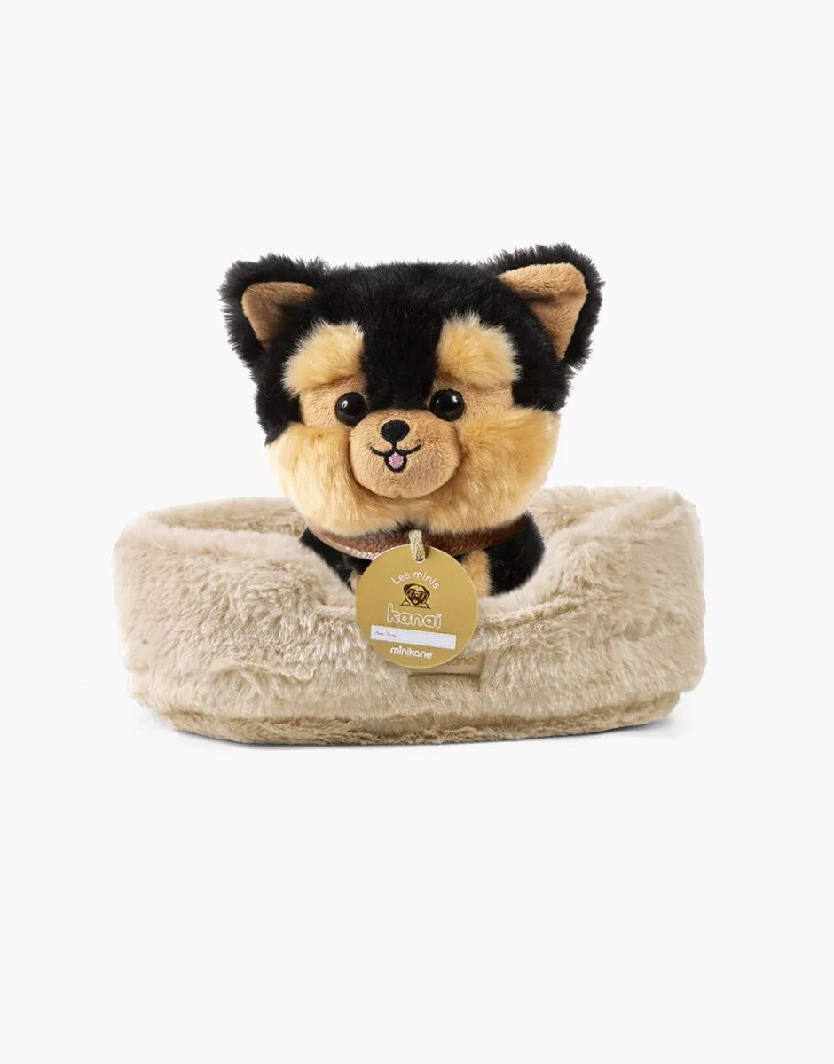 Loki, chien en peluche de 18cm avec collier et son panier en fausse fourrure écru (Copie)