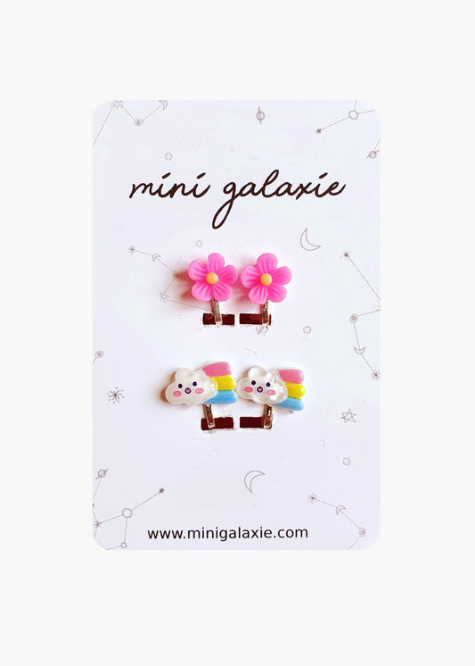 Boucles d'oreilles clips pour enfant - fleur et arc en ciel
