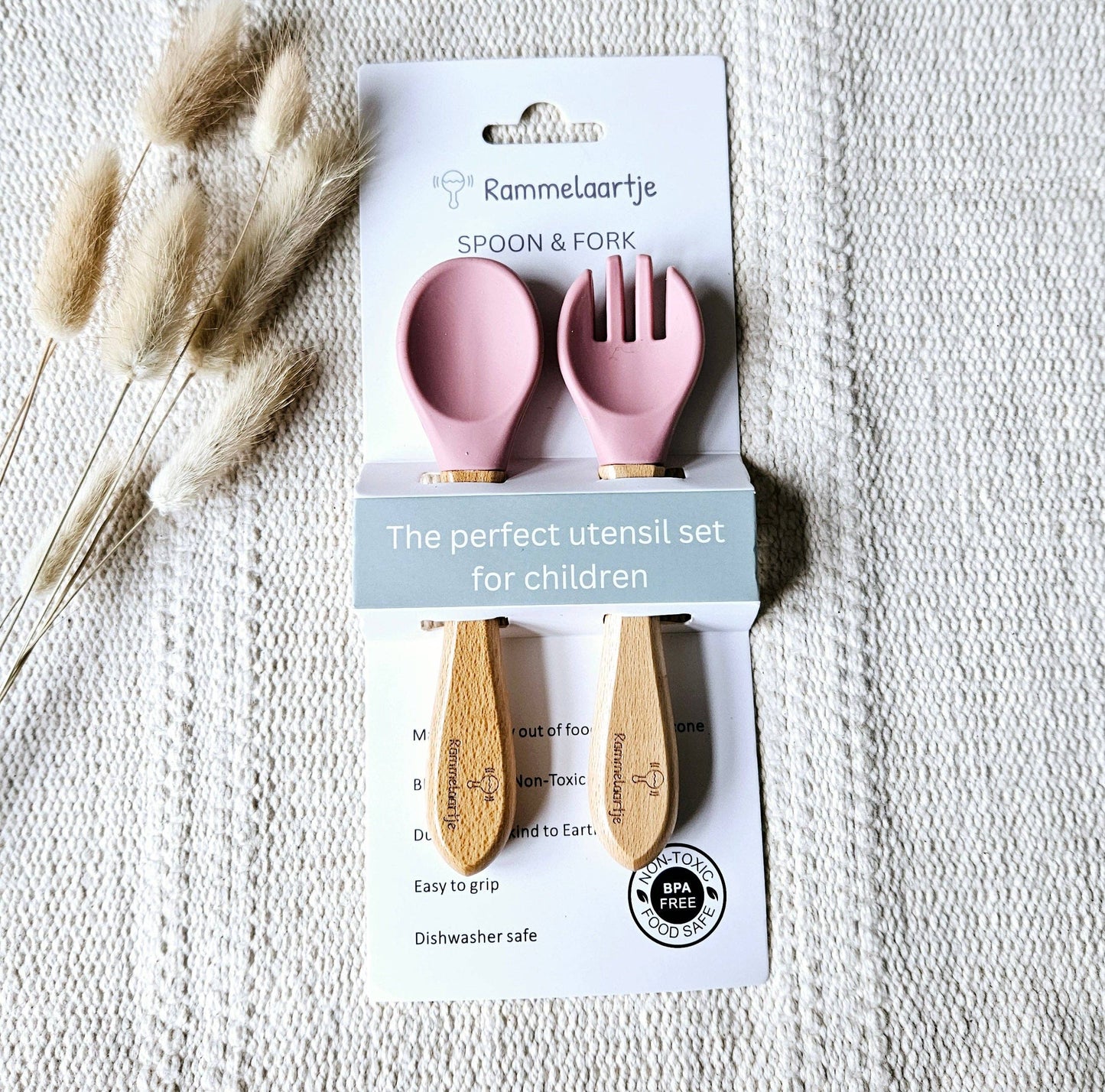 Rammelaartje - Cuillère et fourchette en silicone avec manche en bambou - Rose poudré