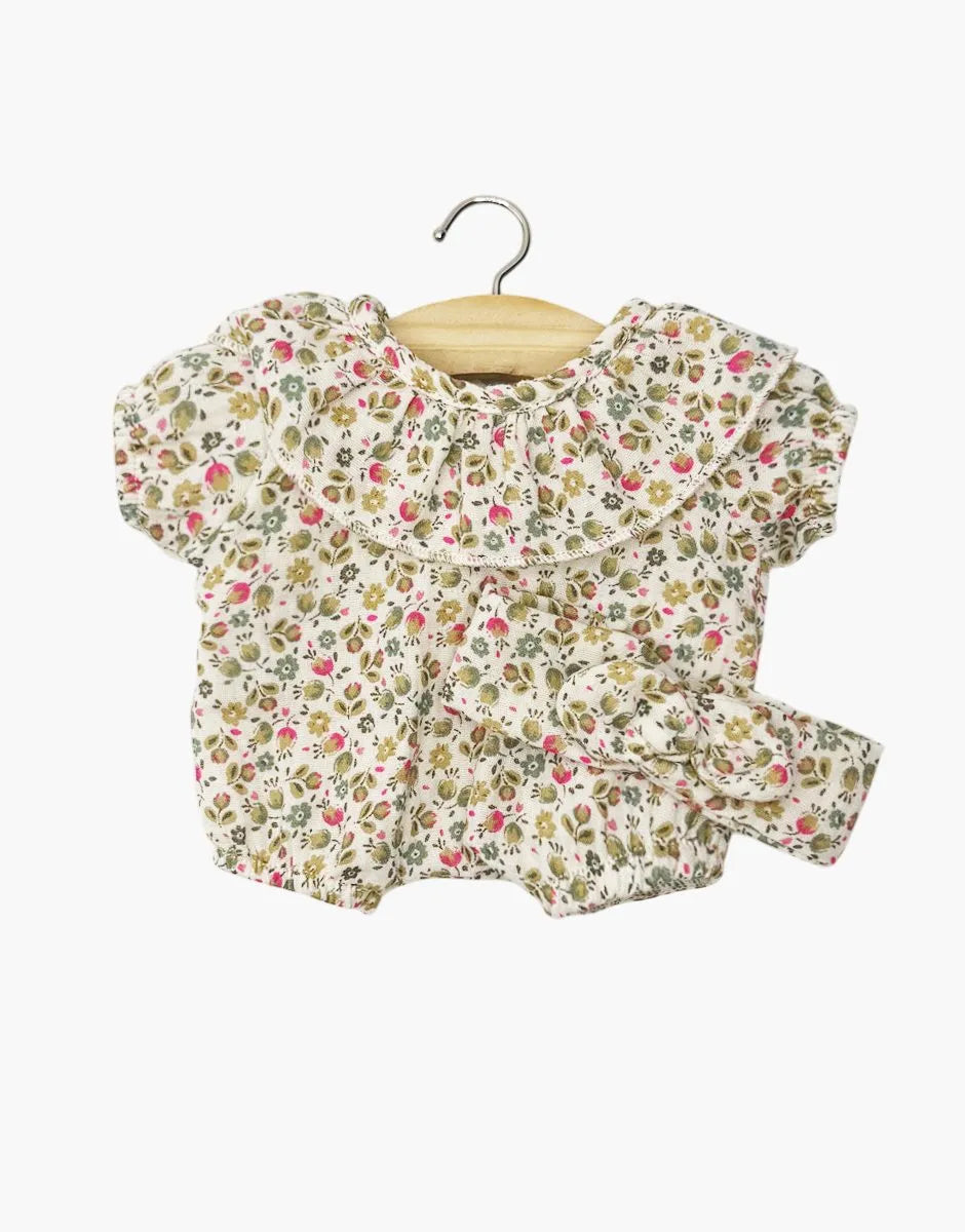 Babies – Barboteuse à collerette Éva et son headband en gaze de coton Petites fleurs fushia