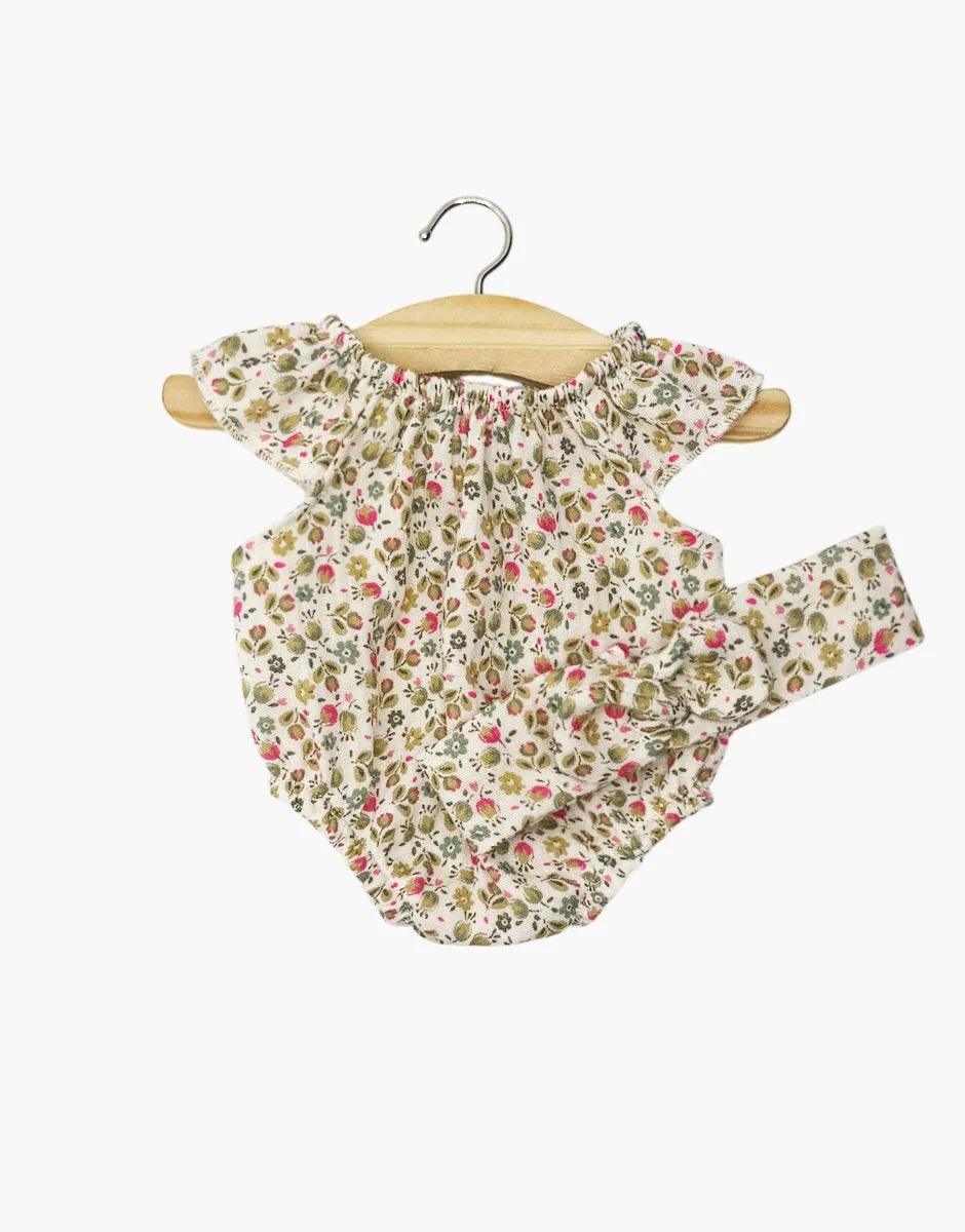 Barboteuse Clara et son headband en gaze de coton Petites fleurs fushia
